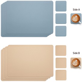 Myir JUN Leather Table Mats and Coasters, Dual-Sided Leather Placemats and Coasters Waterproof Placemats Set of 4 Place Mats Non-Slip Washable Table Mats (Beige Light-blue, Set of 4)