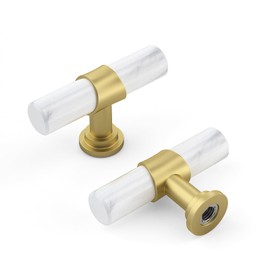 Haliwu 10 Pack White Marble Cabinet Knobs, 2 Tone T-bar Marble Grain and Gold Knobs for Kitchen Hardware Handles Solid Barrel Dresser Drawer Pulls