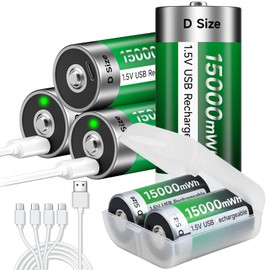 Rechargeable D Batteries 6 Pack with USB-C Charging Cable,1.5V Lithium D Size Cell Battery 15000mWh for Flashlight Toys & floodlight