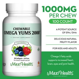 Maxi Health Fish Oil Gummies - Omega 3 Supplement for Adults and Kids - Fruity Burst Omega Yums - Omega-3 Fish Oil Source of EPA / DHA Fatty Acids - Heart, Brain, Joint Health - Kosher Certified - 100 Chewables
