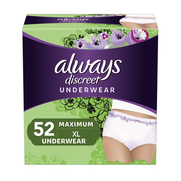 Always Discreet Incontinence & Postpartum Incontinence Underwear for Women, X-Large, 52 Count, Maximum Protection, Disposable (26 Count, Pack of 2 - 52 Count Total), Packaging May Vary