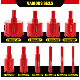 WORKEASE Diamond Hole Saw Kit, 11 Pcs Brazed Hollow Tile Set (0.24”-2”) with Double Suction Cups Guide Jig, Drill Bit Suitable for Glass, Ceramic, Tile, Marble, Porcelain Red