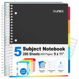 SUNEE 5 Subject Graph Paper Notebook - 400 Pages, 9"x11", 4x4 Graph Ruled Notebook, 5 Pocket Colored Dividers, 3-Hole Punched Paper, Black