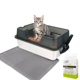 Pawise Stainless Steel Cat Litter Box Set - Large Enclosed High Sided Metal Litter Pan with Lid,Anti-Urine Leakage,Non-Stick Easy Clean,Includes Tofu Litter, Mat & Scoop for Cats & Multi-Cat Homes