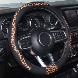 Leopard Steering Wheel Cover, Breathable Microfiber Leather Universal 14.5-15 inch for Most Automotive Steering Wheel Cheetah Print, Black