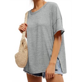 Tankaneo Womens Oversized Short Sleeve T Shirts Summer Casual Crew Neck Tunic Tops Loose Fit Basic Side Split Tees Grey