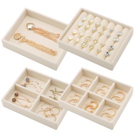 Ewen 4 Pack Mini Stackable Jewelry Display and Storage Trays in 4 Different Layouts, 4.72x3.74x0.98in Velvet Cases for Drawers Inserts, Storage and Organization Tray of Earring Necklace Rings, Beige