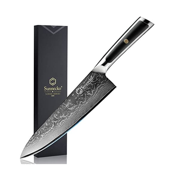 Sunnecko Chef Knife 8 Inch Sharp Kitchen Knife Japanese VG-10 Damascus Stainless Steel Chopping Knife with Solid Handle Cutting Knife for Cooking Home or Professional Use