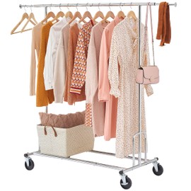 Tajsoon Heavy Duty Clothes Rack Foldable Garment Rack with Wheels and Extendable Rod, Freestanding Clothing Rack for Hanging Clothes, Adjustable ＆ Collapsible Rolling Racks with Bottom Shelf, Chrome