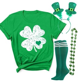 YOKVAN St Patricks Day Women Short Sleeve Summer T-Shirts Lucky Shamrock Funny Easy Costume Accessories Set (2# Clover Green, Small)