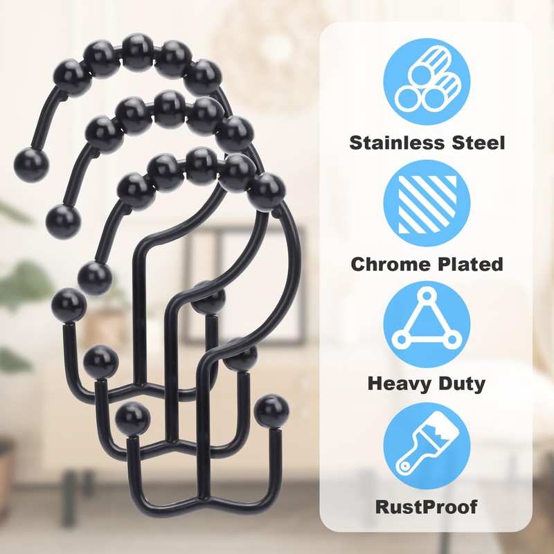 Shower Curtain Hooks,Double Sided Black Shower Curtain Hooks Rust Proof,Set