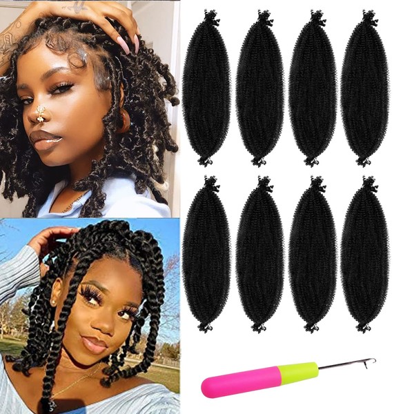 8 Packs Springy Afro Twist Hair 12 Inch Short Pre Fluffed Spring Twist Hair Pre-Separated Marley Twist Braiding Hair Synthetic Wrapping Hair For Soft Locs Faux Distressed Butterfly Braids 1B