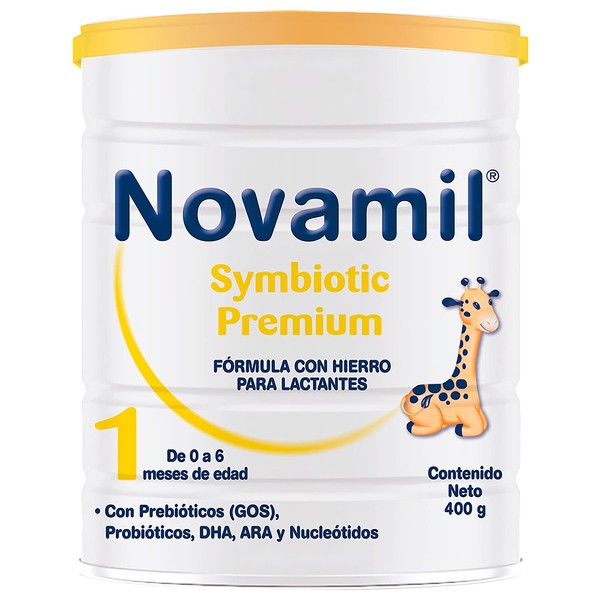 Novamil SYMBIOTIC 1, de 0 a 6 meses, lata 400 g, fórmula que eleva el sistema inmunitario para prevenir enfermedades, con hierro, probióticos y prebióticos.