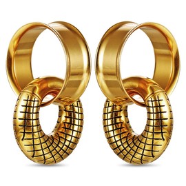 LADEMAYH 2 Pairs Set Stainless Steel 2g Hoop and 00 Gauges for Women, Gold 00g Plugs Gauges for Ears, Ear Stretching Expander Gauges Body Jewelry