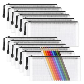 Mesh Pencil Pouch Zipper File Bags, 12PCS Clear Pencil Case Plastic Wallets Folders Waterproof Travel Storage Pouch for School Supplies, Bills, Cosmetics, Stationery and Travel Accessories,Black