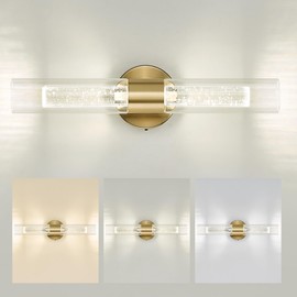 kudos Gold Bathroom Light Fixtures, Modern Sconces Wall Lighting with Crystal Bubble and Clear Glass, 3000K/4500K/6000K Adjustable, KDVL05-GD-2