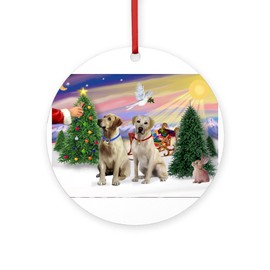 CafePress Treat for 2 Yellow Labs Round 4" MDF Holiday Ornament