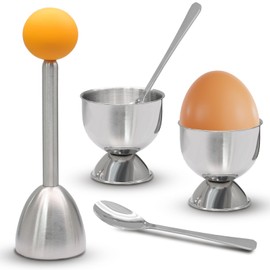 vibedor Egg Cups & Topper Set of 5, 1 Stainless Steel Egg Topper Cutter - 2 Egg Holders for Soft Boiled Eggs - 2 Egg Spoons for Boiled Eggs