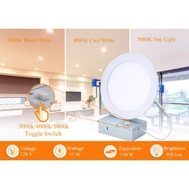 CLOUDY BAY 6 inch 3000K/ 4000K/ 5000K 3 Color Temperature Selectable,Dimmable Recessed Lighting 15W CRI90+,Ultra Thin LED Recessed Light with Junction Box,IC Rated, Air Tight,ETL/JA8,White,6 Pack