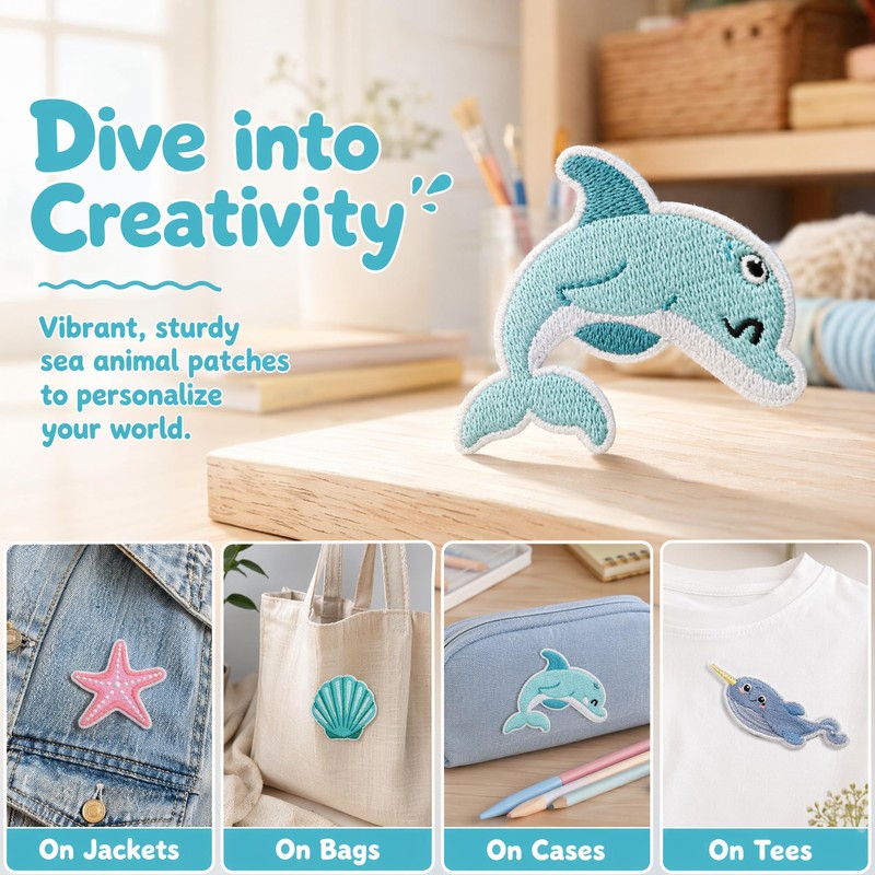 28pcs Sea Animal Iron/Sew on Patches Marine Organisms Embroidered Patches