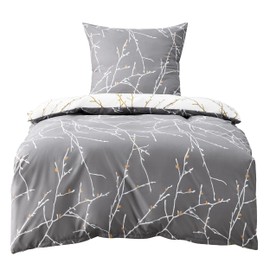 Bedsure Bed Linen, 135 x 200 cm, Cotton, Grey Bed Linen Sets, 135 x 200 cm Duvet Cover, 2-Piece Set with 80 x 80 cm Pillowcase, Warm Bed Linen with Zip, Twig Pattern
