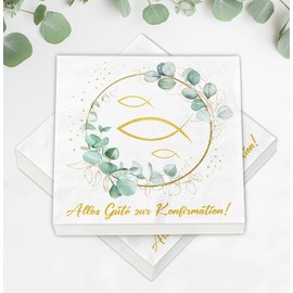 Pack of 40 Confirmation Napkins + 60 Wooden Fish Set, Confirmation Decoration for Boys and Girls, Eucalyptus Green, Confetti Table Decoration, Party Gifts, Guest Gifts, Confirmation Gifts for Boys and