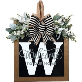 Last Name Year Round Front Door Wreath Front Porch Decoration 26 Letter Welcome Sign with Eucalyptus Garland and Bow Spring Wreaths for Front Door Outside Hanger Garland（W）