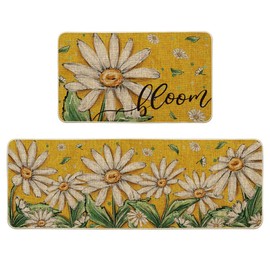 Artoid Mode Yellow Daisy Bloom Spring Kitchen Mats Set of 2, Seasonal Home Decor Leaves Low-Profile Kitchen Rugs for Floor - 17x29 and 17x47 Inch