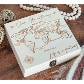 Our Adventures Box, World Explorer Keepsake Box - Elegant Map Design, Perfect for Travel Memories, 8.5x8x2.5in, Durable Wooden Construction, Ideal Gift for Travelers