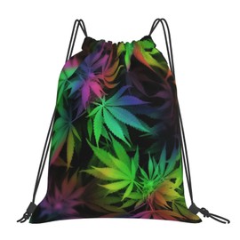 Richugui Colourful Leaf Drawstring Backpack Weeds Drawstring Bags Sports Gym String Bag for Women Men Backpacks Training Yoga Bags, black