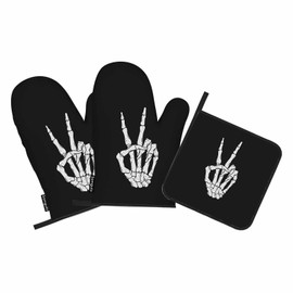 Samgula Hand Skeleton Oven Mitts and Pot Holders Sets Victory Gesture Peace Sign Oven Mitt Heat Resistant 3pcs for Kitchen Cooking Baking BBQ