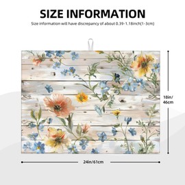 Flowers on Wooden Board Dish Drying Mat 18x24 Inch, Microfiber Absorbent Fast Dry Mat Floral Large Dish Mat Drying Kitchen Mat, Kitchen Drying Pad for Kitchen Counter Coffee Bar Decor Gifts