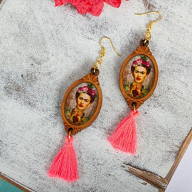 NOVICA Artisan Handcrafted Wood Dangle Earrings Frida Kahlo Sacred Heart Multicolor Mexico Cultural [4 in H x 1.1 in W x 0.2 in D] ' Heartfelt Frida'