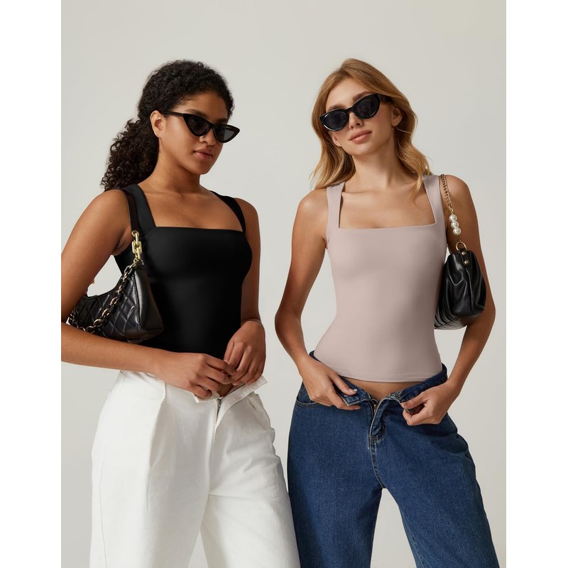 QINSEN Women's Square Neck Sleeveless Double-Layer Tank Tops Basic Tight