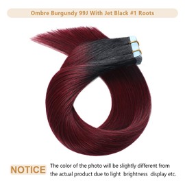 14inch Tape in Hair Extensions Human Hair Ombre Jet Black to Red Ombre Skin Weft Human Hair Extensions Tape in Remy Hair Extensions 20pcs 40g by YILITE (14inches T1/99J)