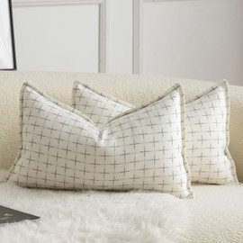 Mandioo Pack of 2 Burlap Linen Cushion Covers Woven Textured Modern Farmhouse Throw Pillow Cases Decorative Couch Sofa Bed Living Room 12 x 20 Inch 30x50 cm White