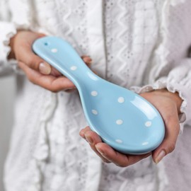 City to Cottage® Light Sky Blue and White Polka Dot Spotty Handmade Hand Painted Ceramic Kitchen Cooking Spoon Rest | Utensil Holder