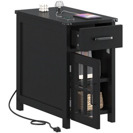 VVFLU Farmhouse End Table with Charging Station and 1 Storage Cabinet, 1 Drawer, Black Wood Nightstand Narrow, Skinny Side Table, Slim Bedside Table, Small Nightstand for Bedroom, Living Room, Sofa
