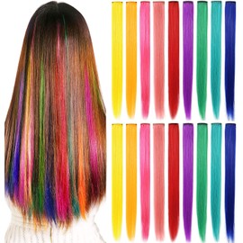 Rhyme 21'' 18 PCS Hair Extensions Straight Long Hairpiece Wig Pieces for Kids Colored Hair Extensions Clip in/on for Girls and Woman Multi-colors Party Highlights (Rainbow)