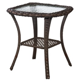 Artfurniz Patio Side Table, 22 Inch Wicker Outdoor Small Table with Storage Tempered Glass Top, All Weather Rattan Patio Side Table for Deck Balcony Porch Brown