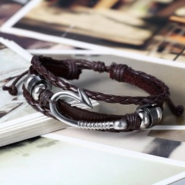 Aroncent Fish Hook Bracelet for Men Multi-layer Braided Leather Rope Bracelet Anchor Bracelet Nautical Bracelets for Men Women Graduation Birthday Gift