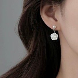Cimenexe Bohemian Pearl Flower Earrings White Rose Flower Drop Earrings Enamel Rose Pearl Stud Earrings Camellia Dangle Earrings Jewellery for Women and Girls, Zinc, No Gemstone