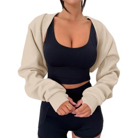 MISSACTIVER Women's Long Sleeve With Thumb Hole Bolero Shrug Top Open Front Fleece Loose Fit Cropped Shawl Sweatshirt Workout (Small, Apricot)