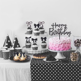 NICENEEDED 19 PCS Bow Cupcake Toppers, Birthday Bowknot Ribbons, Coquette Black Bow Wedding Party Supplies