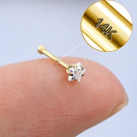 CHARMONLINE - Piercing de nariz de oro de 14 quilates, oro amarillo, 20 g, estrella de nariz, corazón, circonita cúbica redonda, 20 g, hipoalergénico para mujer, Paquete: un pedido incluye 1 tornillo