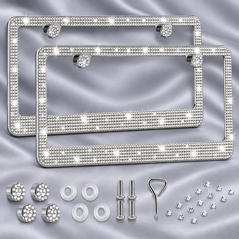 2pcs Bling Rhinestone License Plate Frame, Sparkling Crystal Car Tag