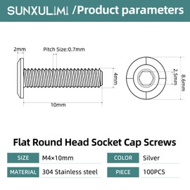 SUNXULIMI M4 x 10mm Flat Round Head Hex Socket Cap Screws Bolts, Furniture Screws, Stainless Steel 304, Bright Finish, Fully Threaded, Metric Allen Hex Drive, 100PCS