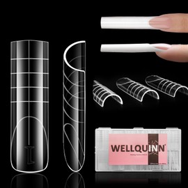 Wellquinn Straight Square Dual Nail Forms for Fast French Nail Extension, Pre-etched Reusable Sharp Square Flat Nail Mold, Pre-Designed French Almond Shape & Guide Lines, 15 Sizes 150 Units