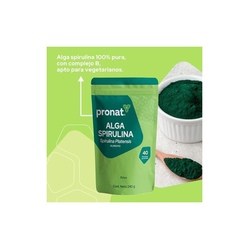 PRONAT Alga Spirulina 100 Pura en Polvo, Suplemento Alimenticio, Bolsa