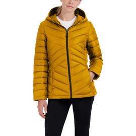 HFX Women's Short Lightweight Quilted Jacket Zipper Front Pockets Hood 25" Packable Puffer Coat, Mustard, Medium